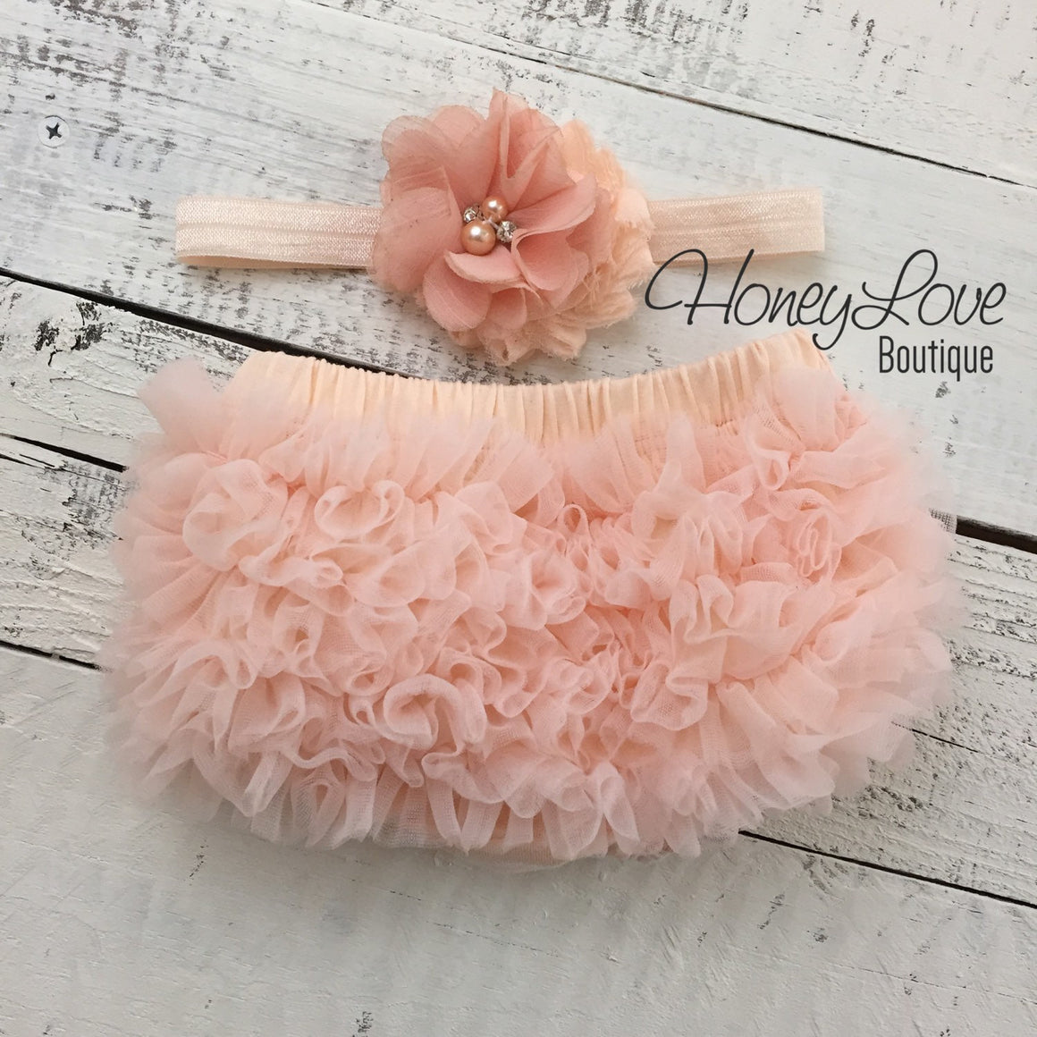 Peach ruffle bottom bloomers and peach headband - HoneyLoveBoutique