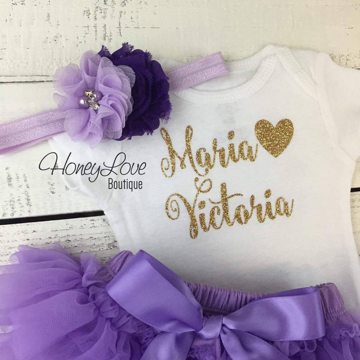 PERSONALIZED Name Outfit - Gold/Silver Glitter and Lavender Purple - HoneyLoveBoutique