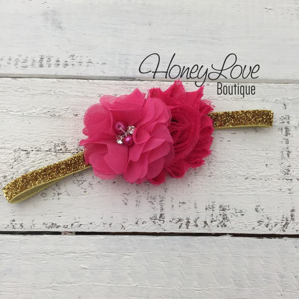 Watermleon Hot Pink shabby flower with rhinestones and pearls on Silver/Gold glitter headband - HoneyLoveBoutique
