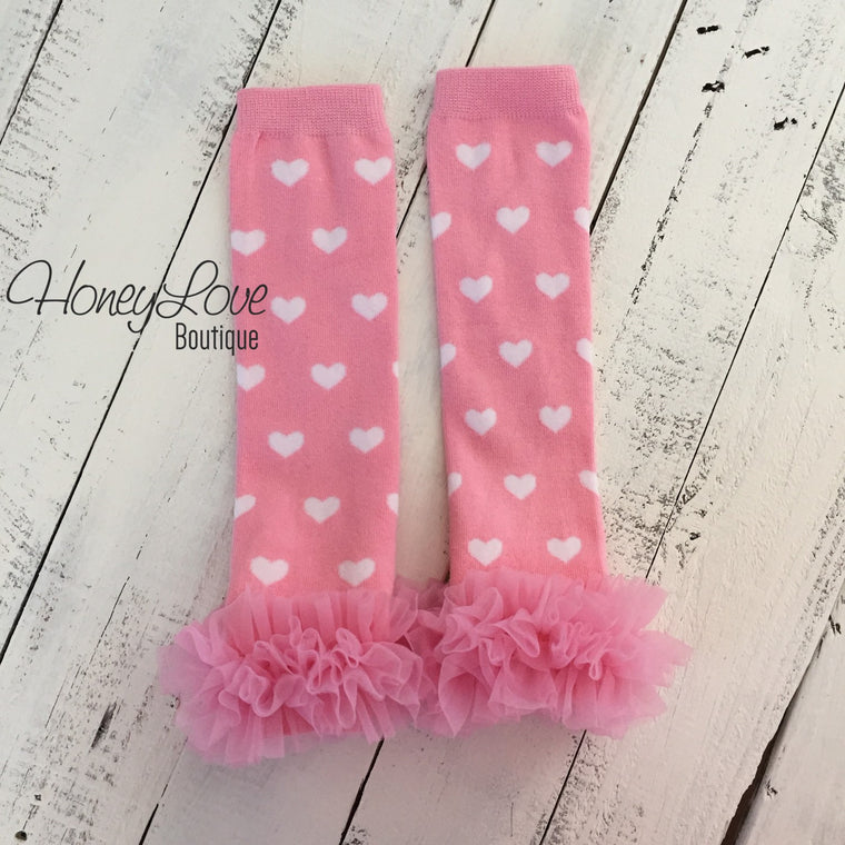 Leg Warmers - Light pink with white hearts and pink ruffle bottom - HoneyLoveBoutique