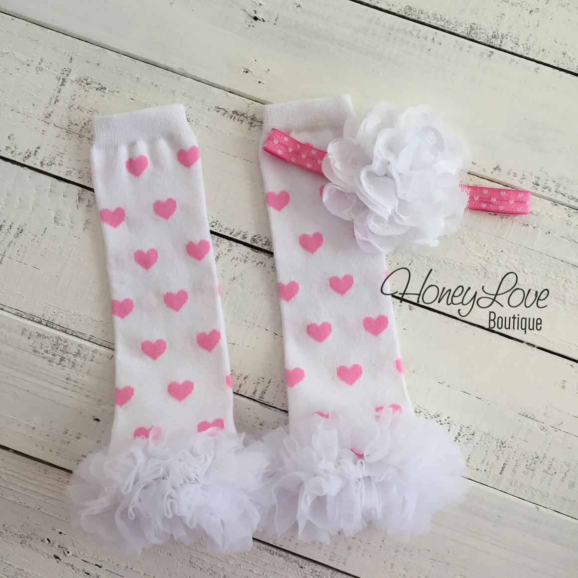 White/Light Pink Heart leg warmers and flower headband - HoneyLoveBoutique