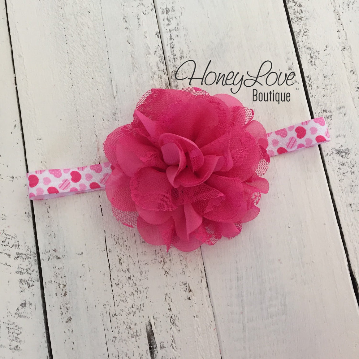 Hot Pink and White hearts flower headband - HoneyLoveBoutique