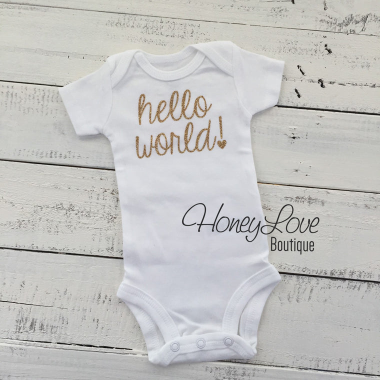 hello world! Silver/Gold glitter bodysuit - HoneyLoveBoutique