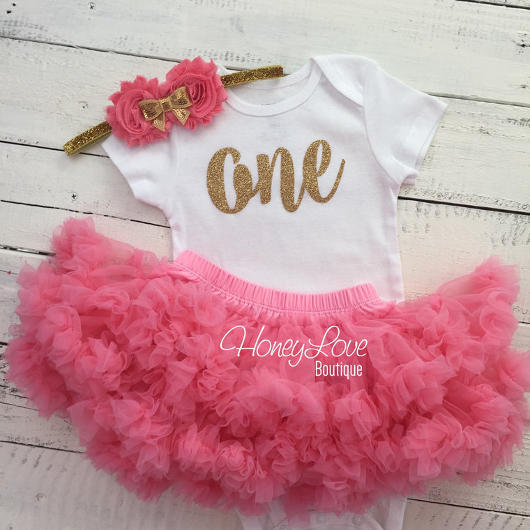 One - Birthday Outfit - Coral and Gold glitter - HoneyLoveBoutique