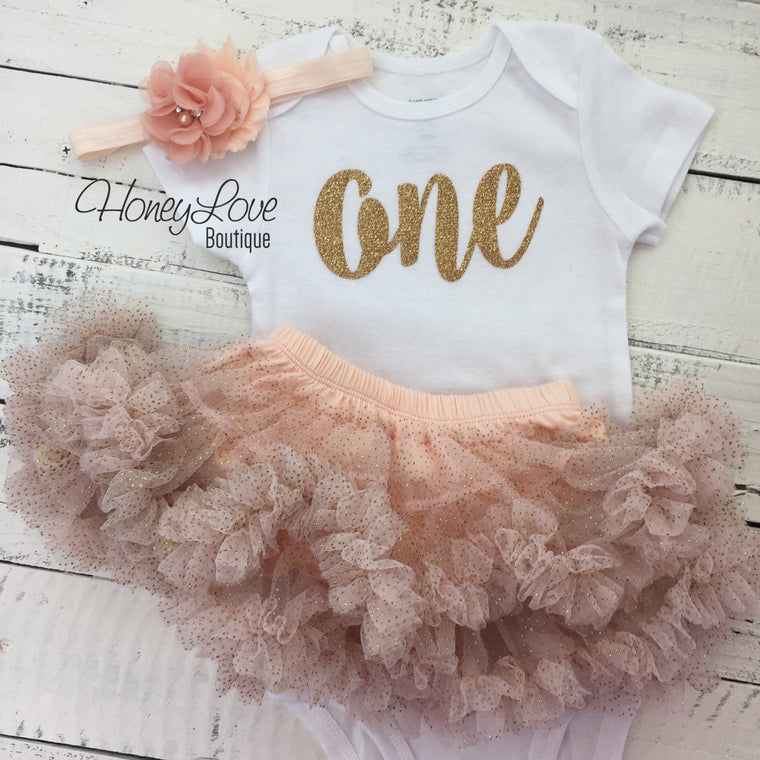 One - Birthday Outfit - Gold Glitter with Glitter Peach - HoneyLoveBoutique