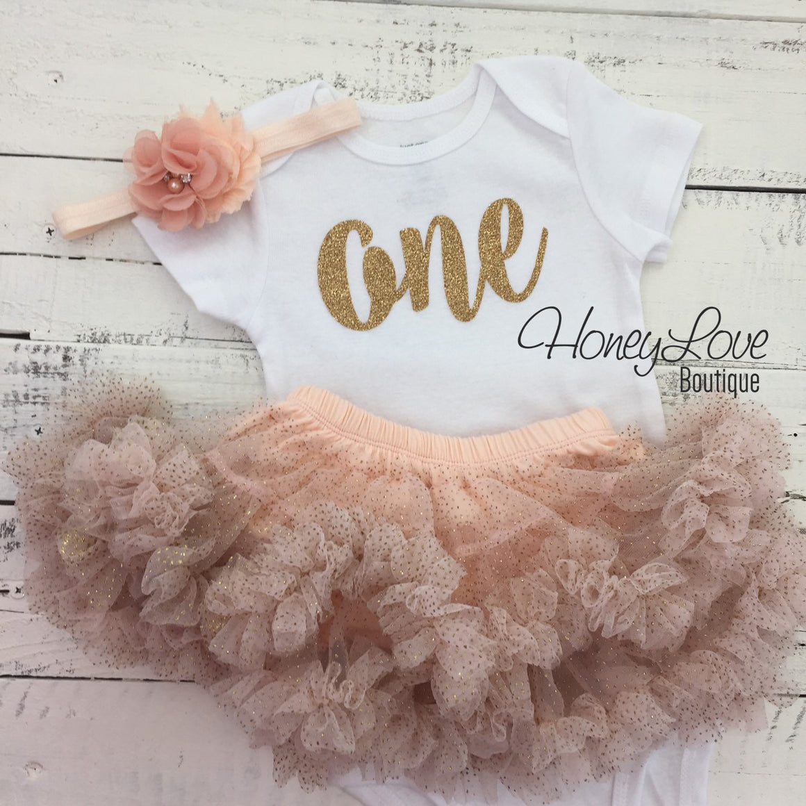 One - Birthday Outfit - Gold Glitter with Glitter Peach - HoneyLoveBoutique