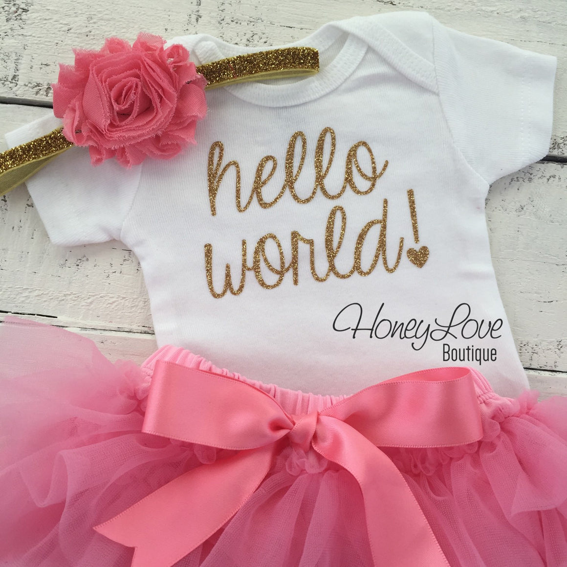 hello world! Outfit - Coral Pink and Gold/Silver Glitter - HoneyLoveBoutique