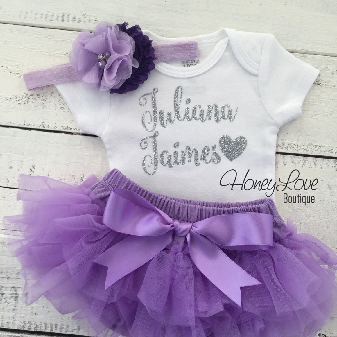 PERSONALIZED Name Outfit - Silver Glitter and Lavender Purple - HoneyLoveBoutique
