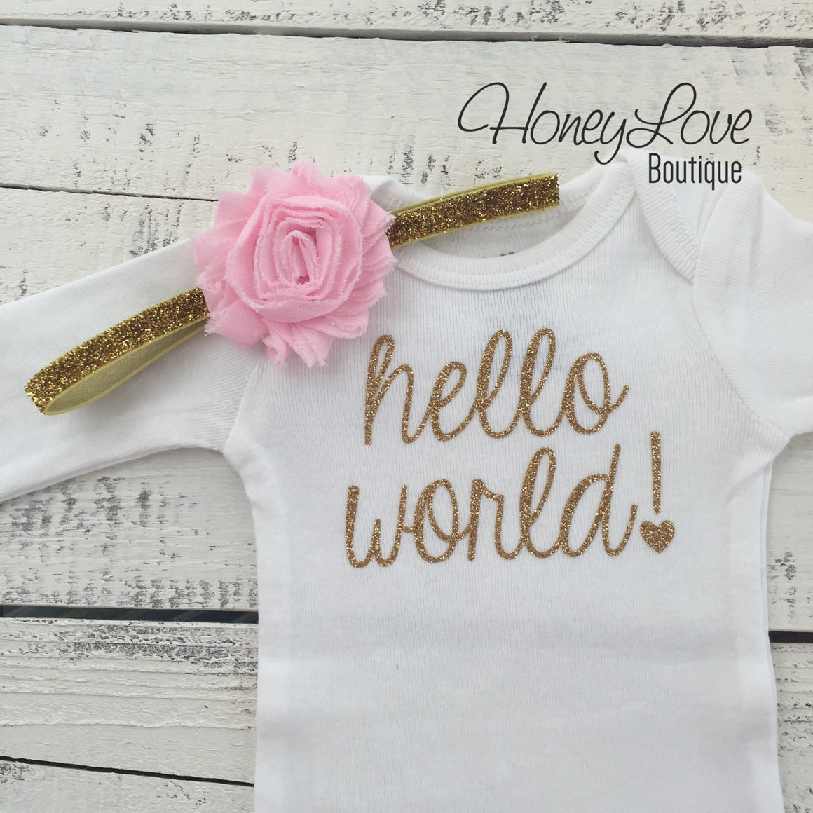hello world! Outfit - Light Pink and Gold/Silver glitter - HoneyLoveBoutique