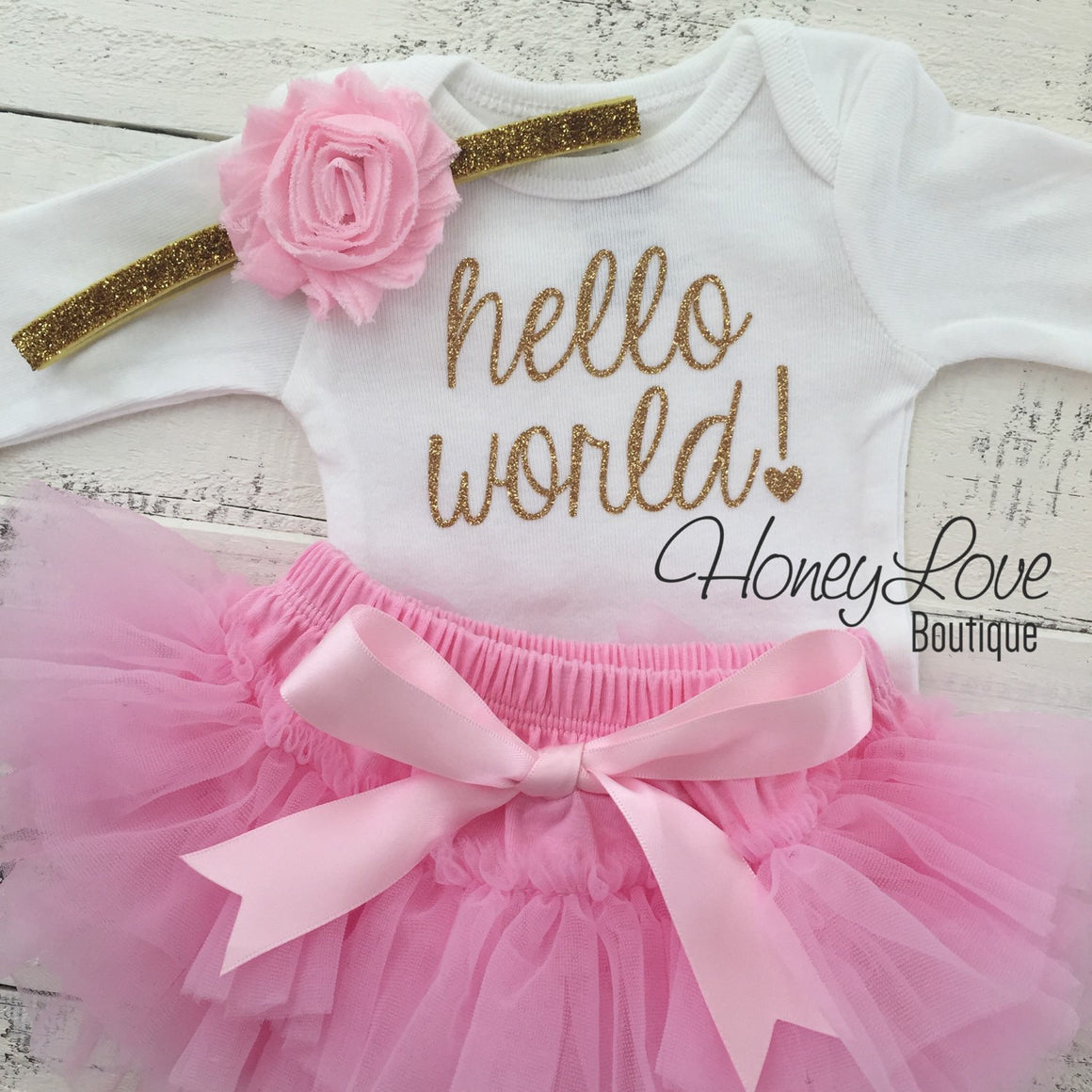 hello world! Outfit - Light Pink and Gold/Silver glitter - HoneyLoveBoutique