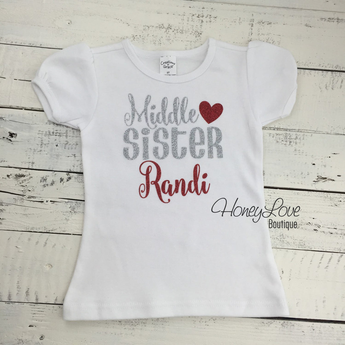 PERSONALIZED Sister Bodysuits and Shirts - Silver and Red Glitter - HoneyLoveBoutique