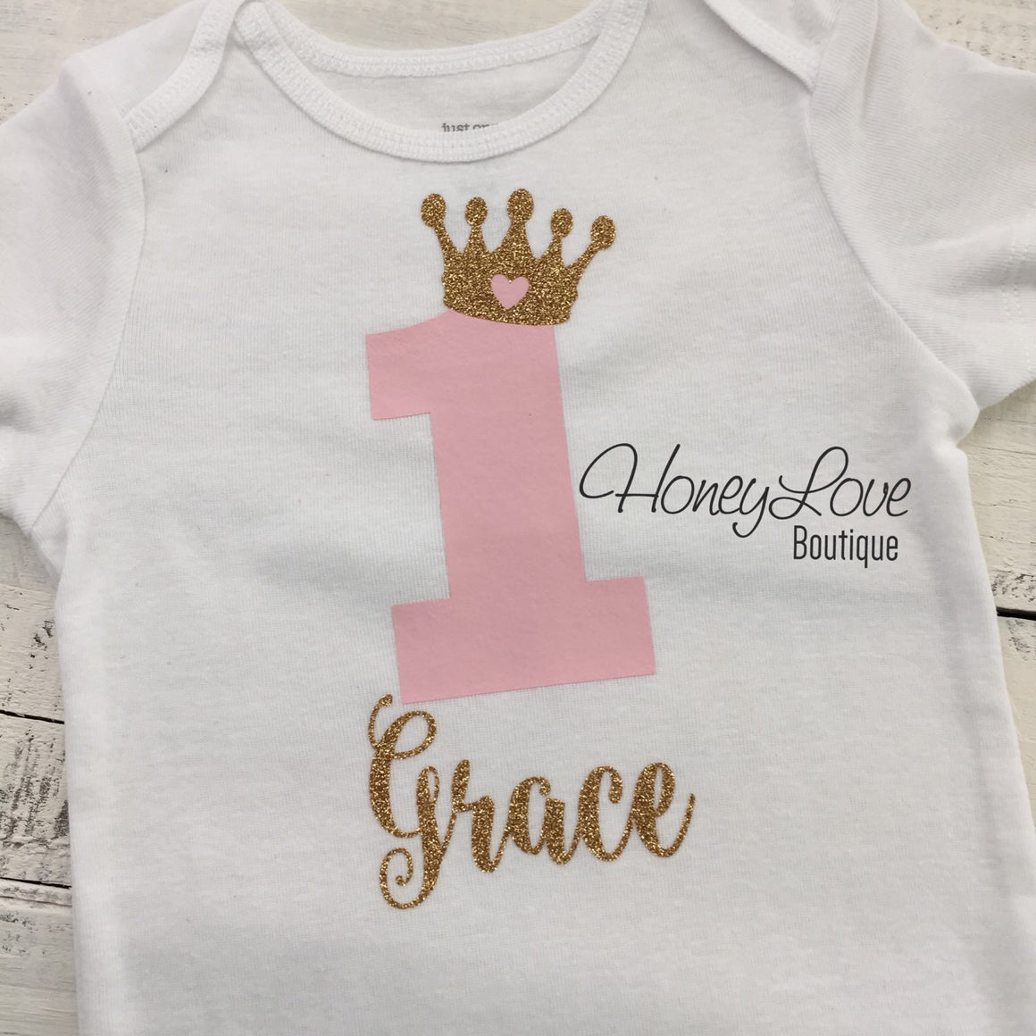 Personalized First Birthday Princess Bodysuit - Light Pink and Gold glitter - HoneyLoveBoutique