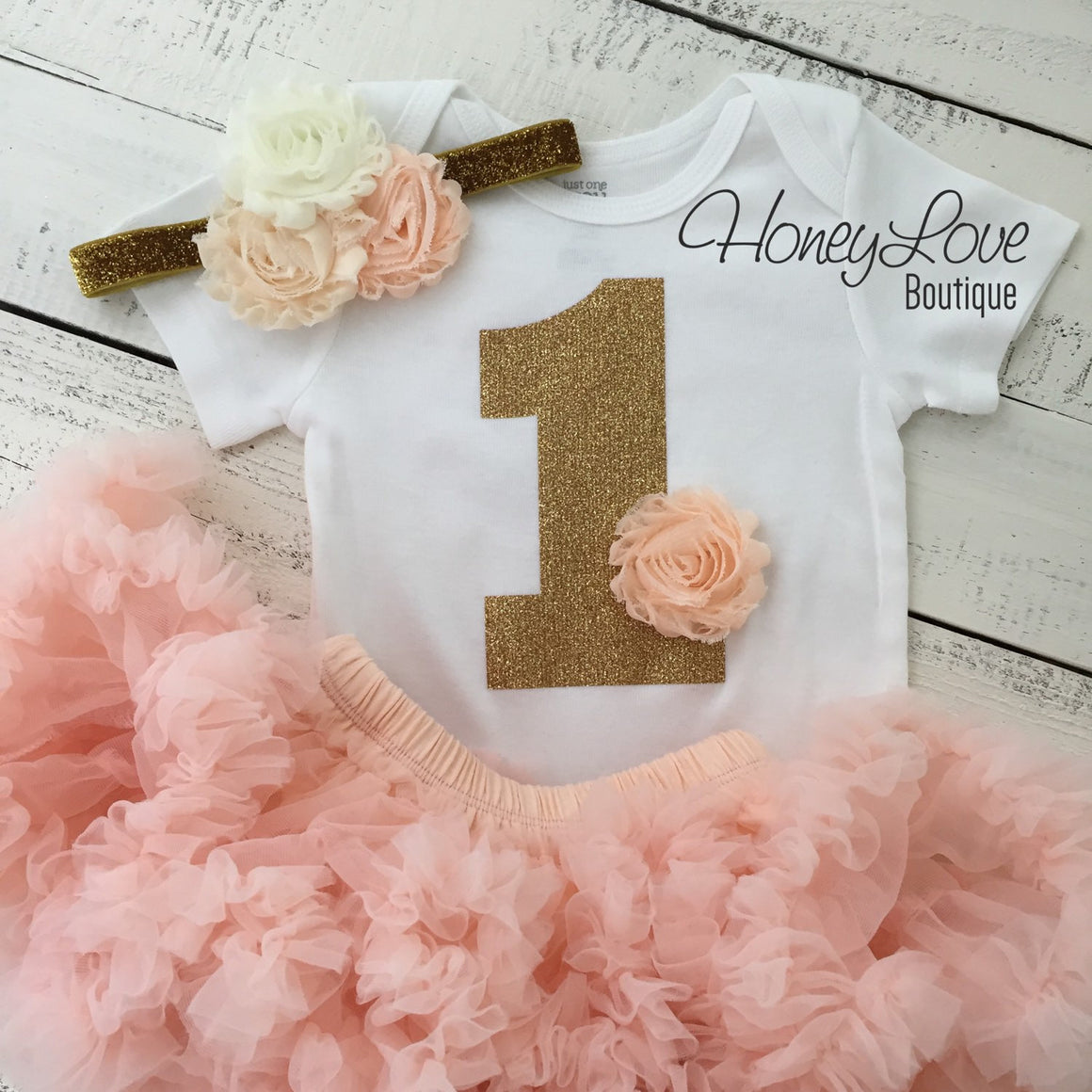 1st Birthday Outfit - Peach, Ivory and Gold - HoneyLoveBoutique