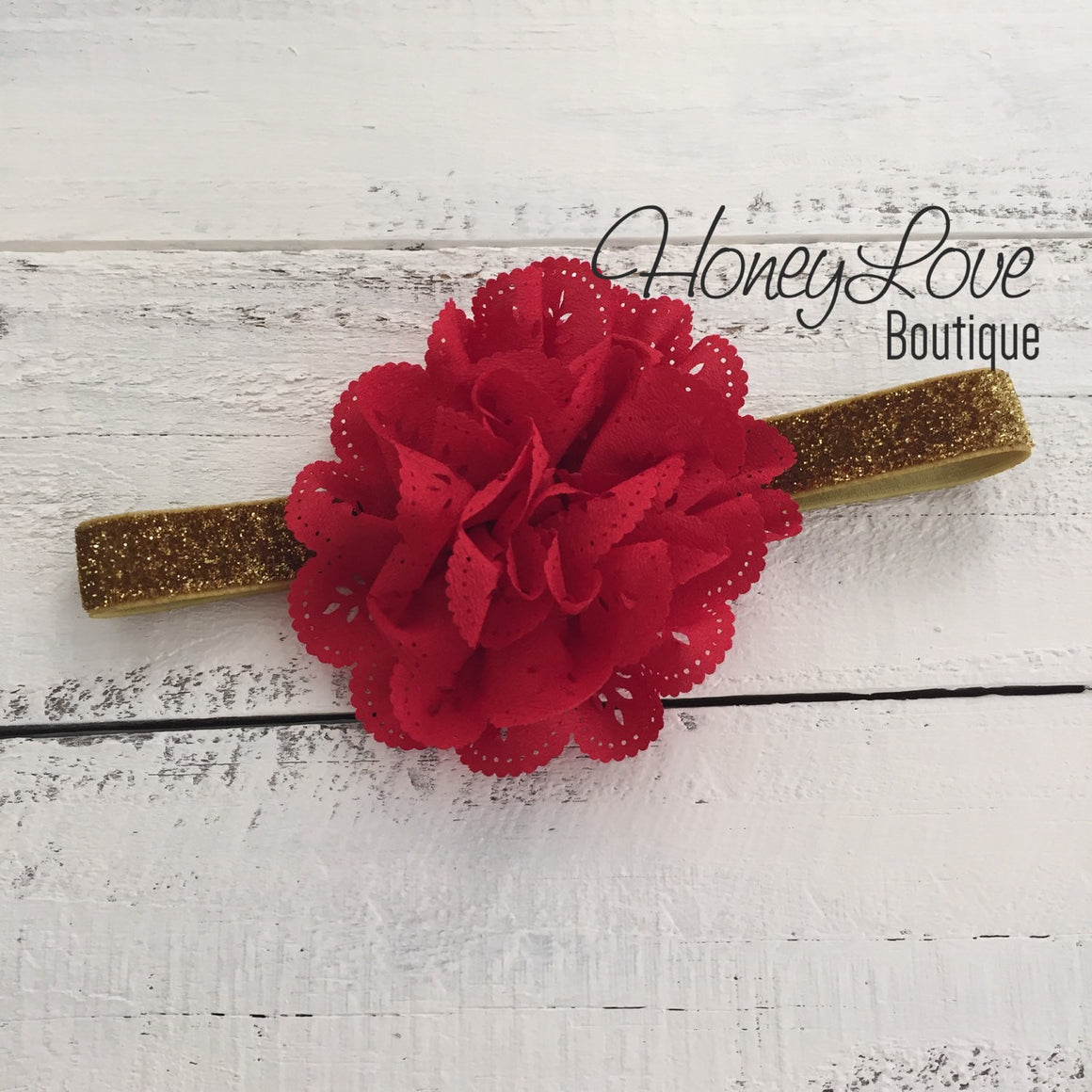 Red White or Navy Blue Lace Eyelet Flower - Silver/Gold headband - HoneyLoveBoutique