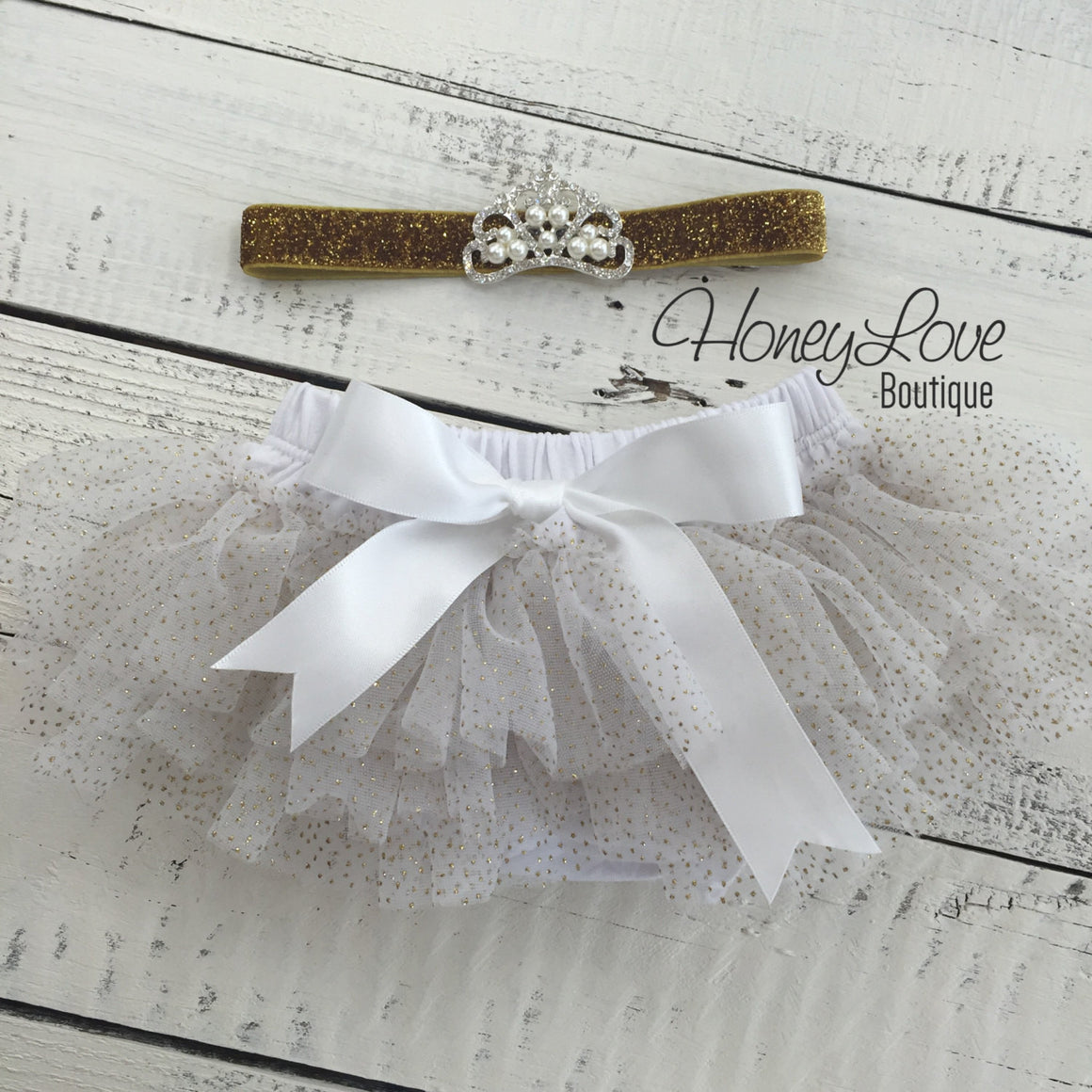 Personalized Princess name outfit - Gold Glitter and Gold/White tutu skirt bloomers - HoneyLoveBoutique