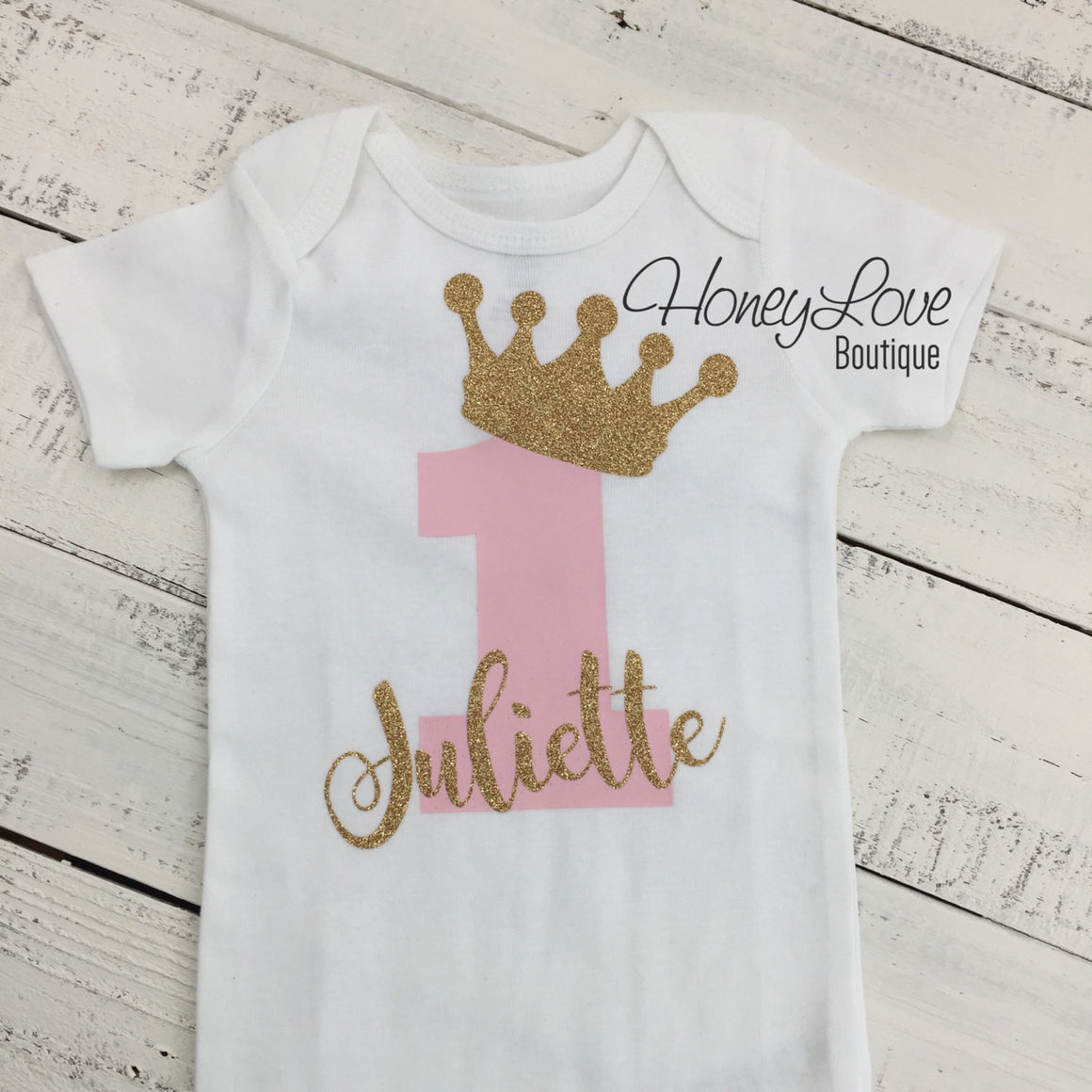 Personalized First Birthday Bodysuit - Gold glitter and Light Pink - HoneyLoveBoutique