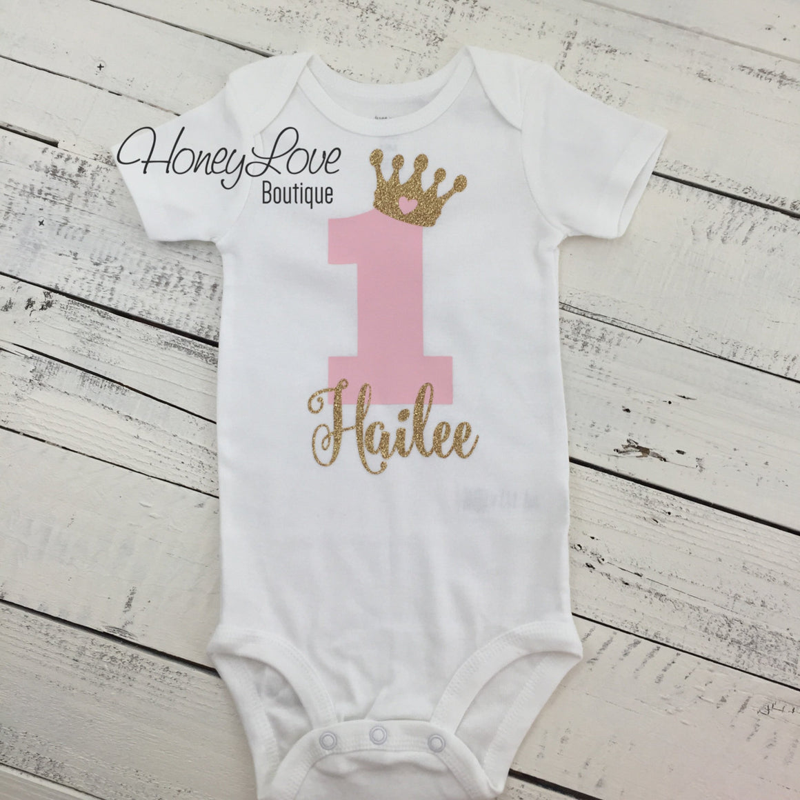 Personalized First Birthday Princess Bodysuit - Light Pink and Silver glitter - HoneyLoveBoutique