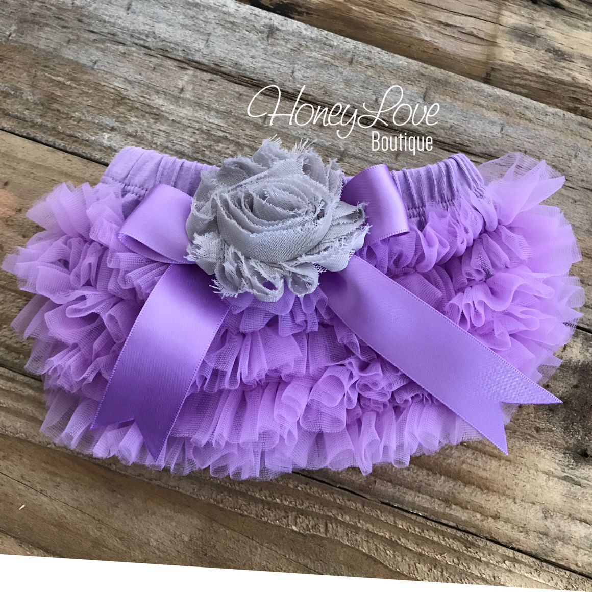 Lavender Purple Ruffle Bottom Bloomers - embellished Gray Flower bloomers - HoneyLoveBoutique