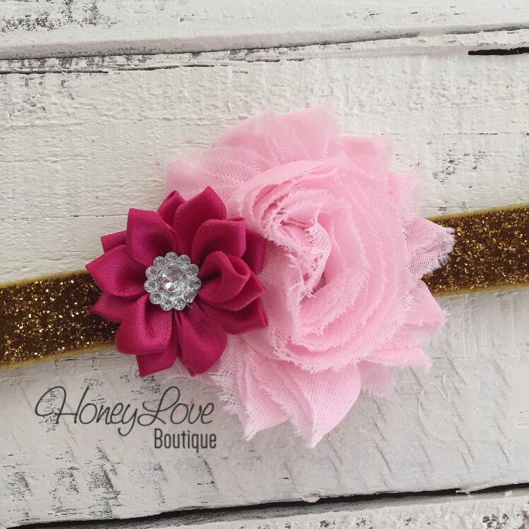 Light Pink Shabby Flower and Dark Pink Satin Flower Rhinestone - Gold Glitter Headband - HoneyLoveBoutique